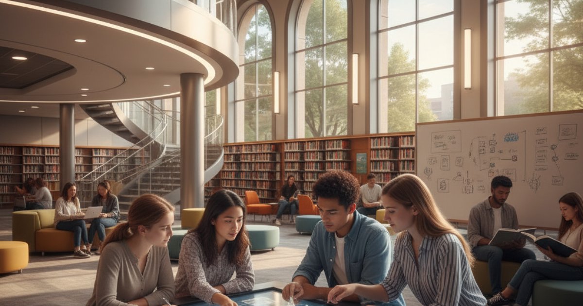 University students working together at a shared table